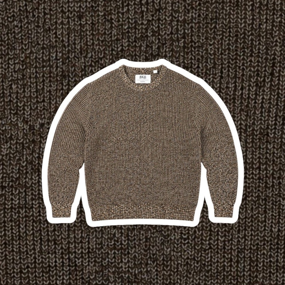 BKE Men's XL Marled Brown Black Cream Chunky Knit Crewneck Pullover Sweater